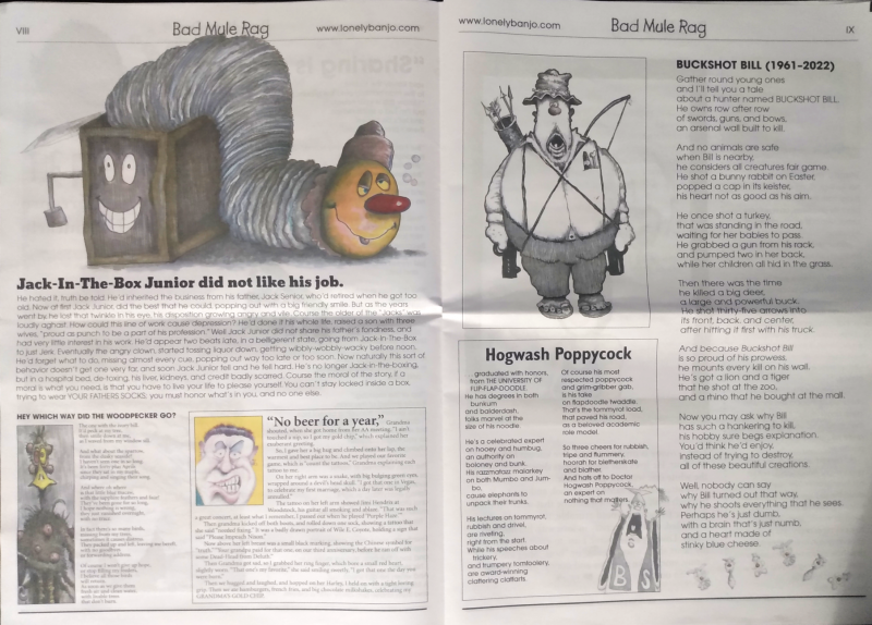 An interior page of the Bad Mule Rag featuring the characters Jack-in-the-Box Junior, Buckshot Bill, and Hogswash Poppycock. Photo by Michael O'Boyle.
