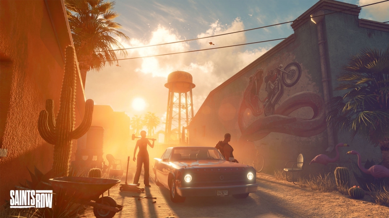 Screenshot from the video game Saints Row, with a car parked in the middle of a road and the sun setting behind.