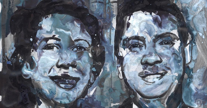 Crop of painting in black, white and blue-gray tones, featuring a smiling woman on the left standing with a smiling man at her right.
