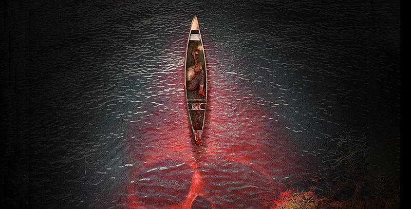 Image of sailboat holding a corpse floating against a dark lake with a red shadow of a skeleton.