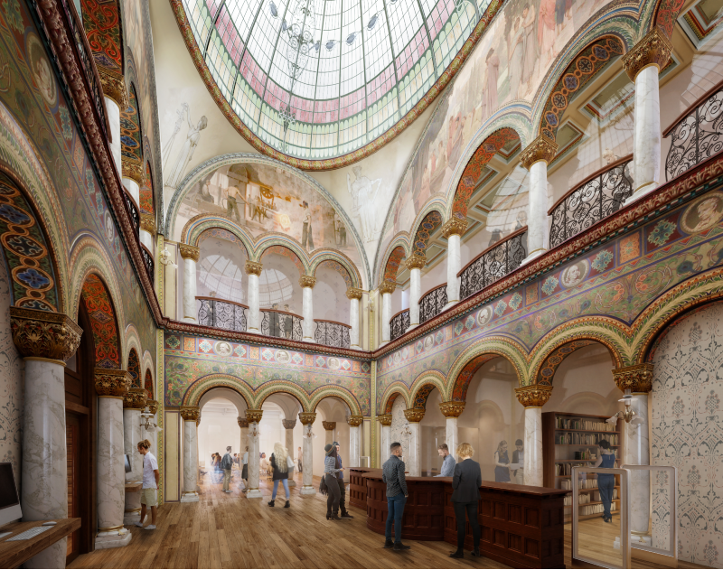 A rendering of foyer with a high domed ceiling and murals on the walls. The foyer is surrounded by archways framed by pillars. Image from Liberal Arts and Sciences website.