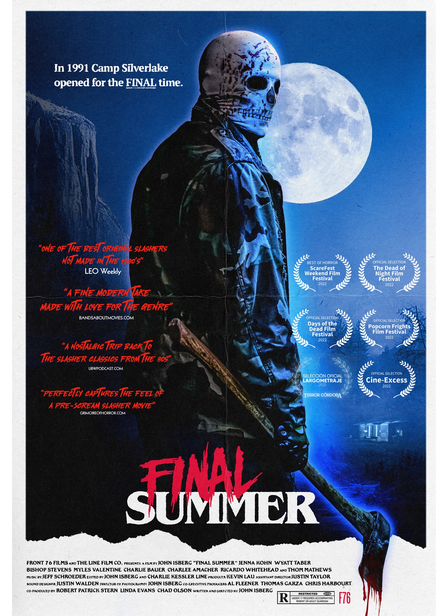 Movie poster for Final Summer. A person wearing a skull mask with blood on the face is pictured in profile. They are wearing a dark coat and carrying a bloody ax in their right hand. There is red text over the image. Image from Final Summer's Facebook page. 