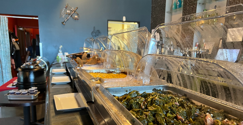 Neil St. Blues' Sunday brunch buffet features greens and other sides. Photo by Alyssa Buckley.