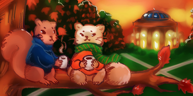 A colorful digital painting of two squirrels wearing sweaters and scarves each holding a mug of steaming coffee as they sit on a tree branch. In the background is Foellinger Auditorium on the University of Illinois campus. Painting by Daisy Alvarez. 