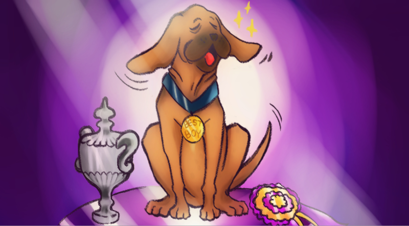 An illustration of a brown bloodhound dog with a gold medal around his neck. There is a ribbon and trophy on either side of him, and a spotlight shining on him. Image detail by Daisy Alvarez.