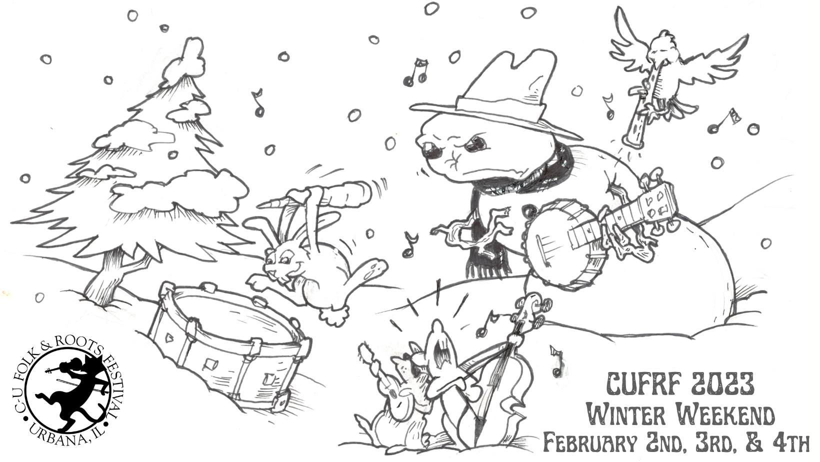 Black and white line drawing of an angry looking snowman playing a banjo, a rabbit playing the drums with the snowman's carrot nose, a bird playing a recorder, and some squirrels playing the upright bass and a guitar. The scene is set in a snowy landscape.