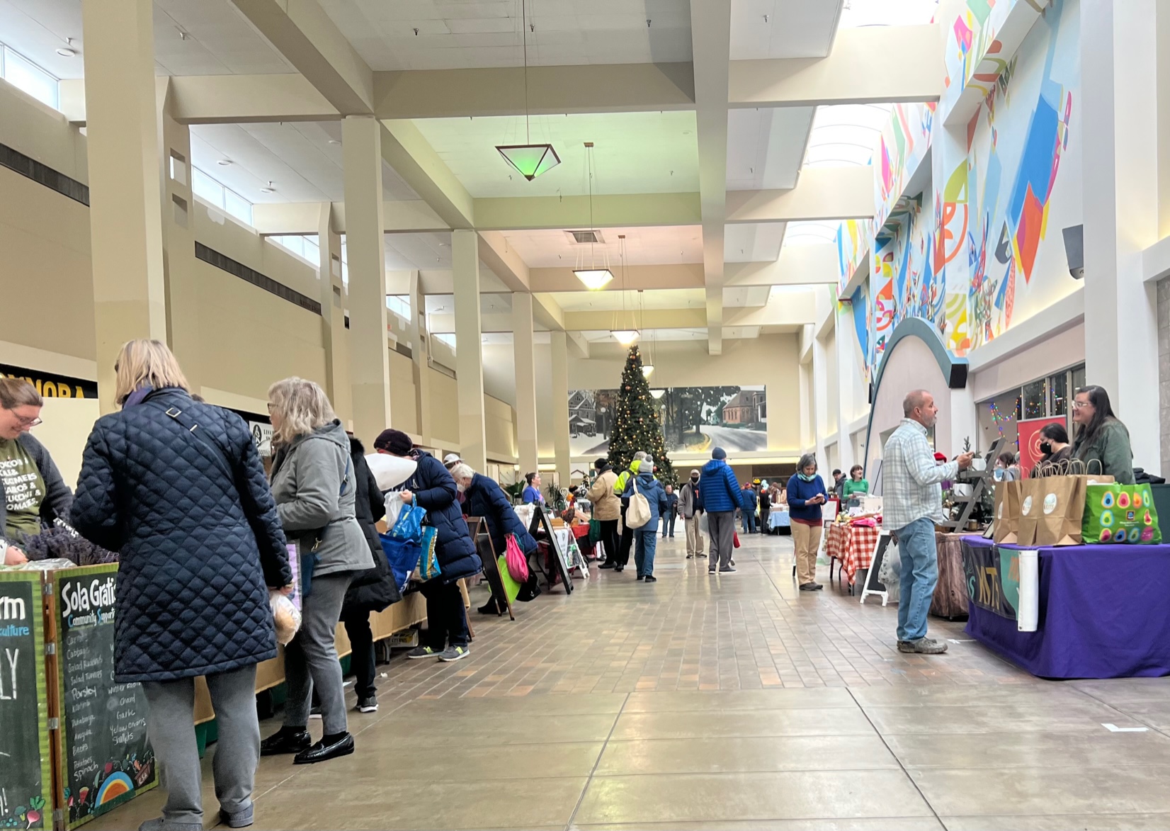 Inside Lincoln Square Mall in Urbana, Illinois, shoppers buy produce and artisan goods at the Winter Farmers' Market hosted by The Land Connection. Photo by Alyssa Buckley.