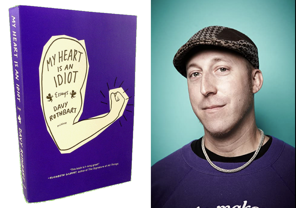 On the left, the cover of Davy Rothbart's book, "My Heart is an Idiot," which is purple with a white arm curled into a bicep flex. The text is on the bicep area. On the right, a portrait photo of Rothbart. He is wearing a cap and purple tshirt and chain necklace. He is looking into the camera with a small, closed mouth smile. The background is teal.