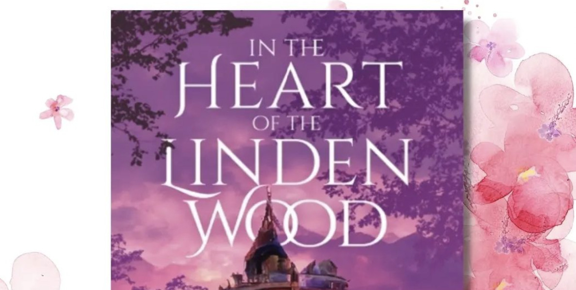 Screenshot of the top portion of the cover of Ekta R. Garg's newest book, In the Heart of the Linden Wood. The cover shows the top of a castle, with a pink and purple sky. The text is white.