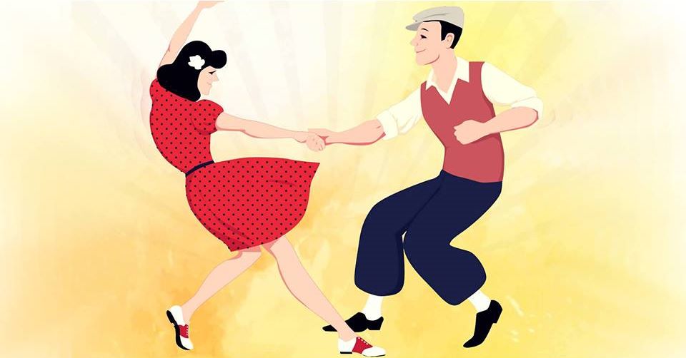An illustration of a white man and woman swing dancing. The woman is wearing a red dress with a thin black belt and and black polka dots, and red and white saddle shoes. The man is wearing navy blue pants, a cream colored shirt, and an orange vest, with black shoes. 
