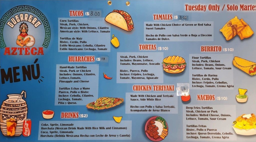 Guerrero Azteca Taco Truck's menu offers tacos, tamales, burritos, tortas, huaraches, chicken teriyaki, nachos, and drinks on a blue menu with the taco truck's logo in the top left corner. Photo from Guerrero Azteca Taco Truck's Facebook page.