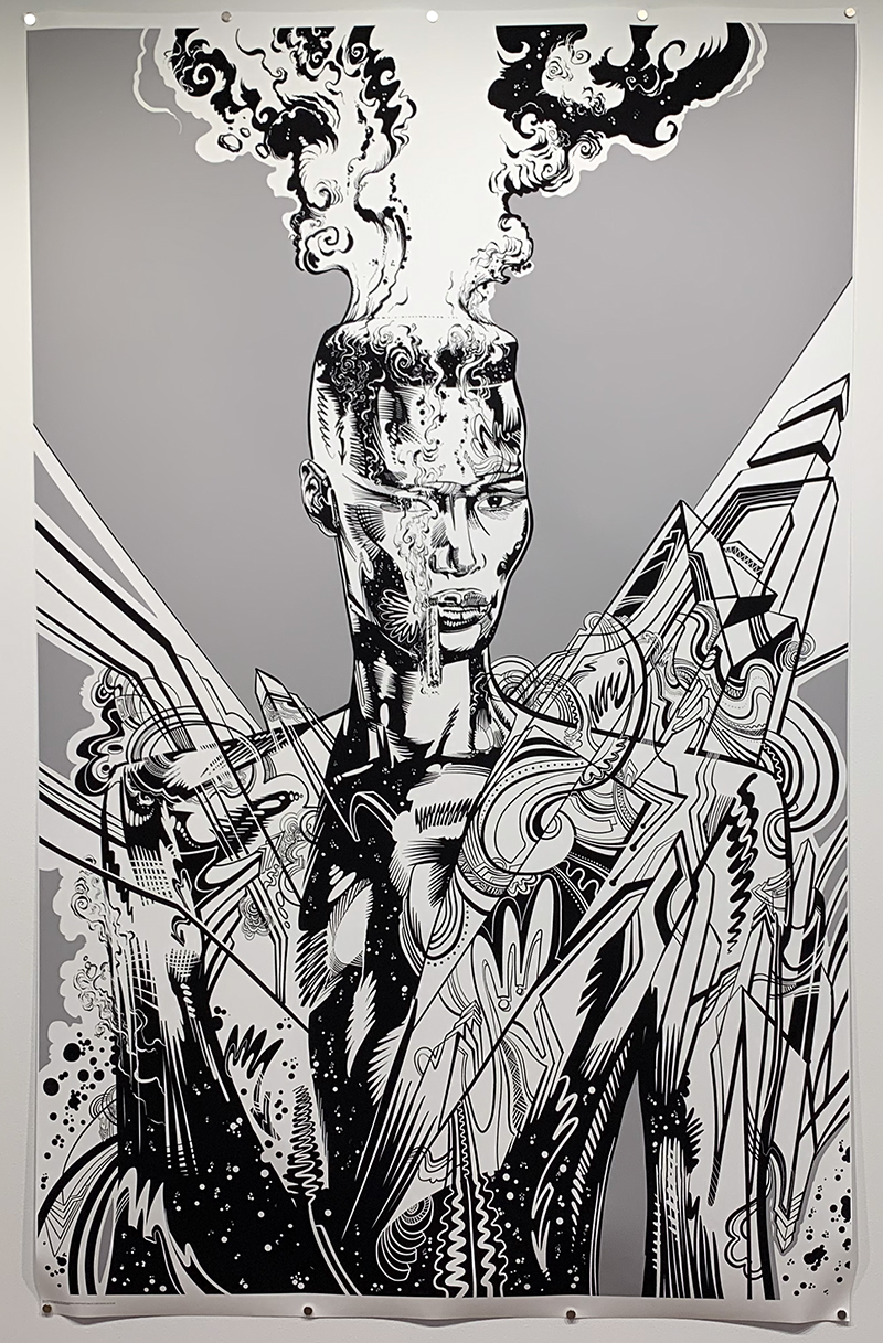 Black and white digital drawing of Grace Jones with layers of line work and organic shapes. 