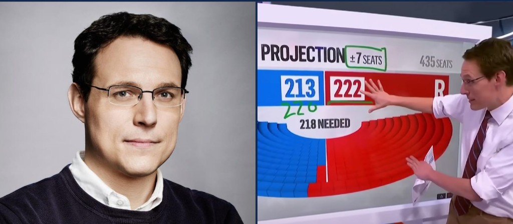 A split image: on one side is a headshot of a white man with dark brown hair and glasses, with a black sweater and white collared shirt. On the other side is the same man in a white collared shirt and tie, pointing at a large screen with red and blue markings.
