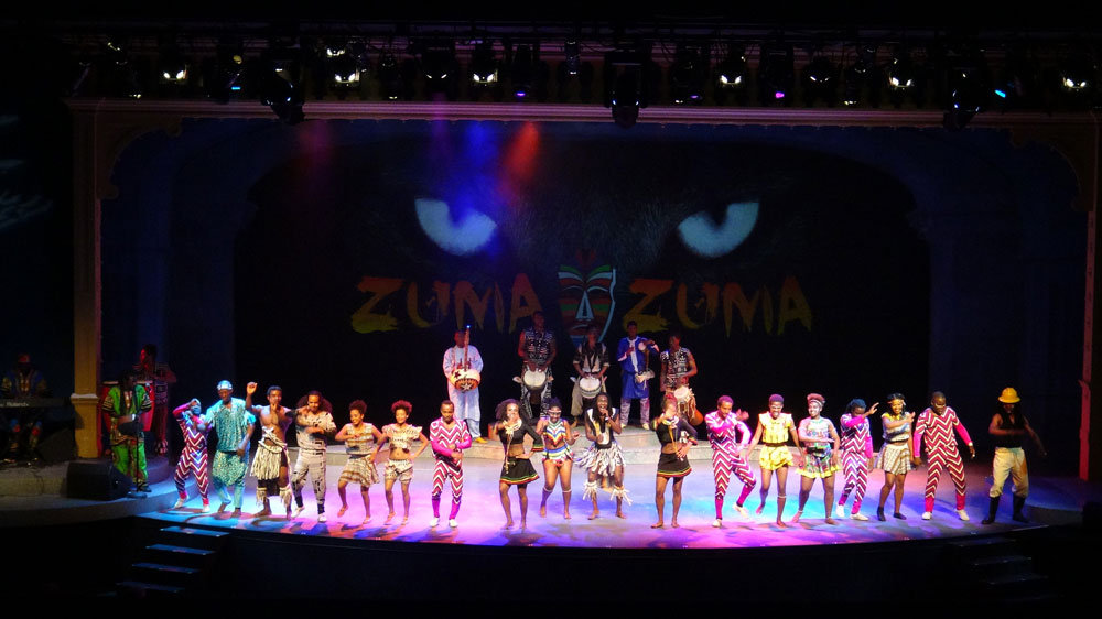 Cirque Zuma Zuma on a stage. A large number of cast members in different costumes stand at the top of the semi-circular stage. Some appear to be mid-dance. 