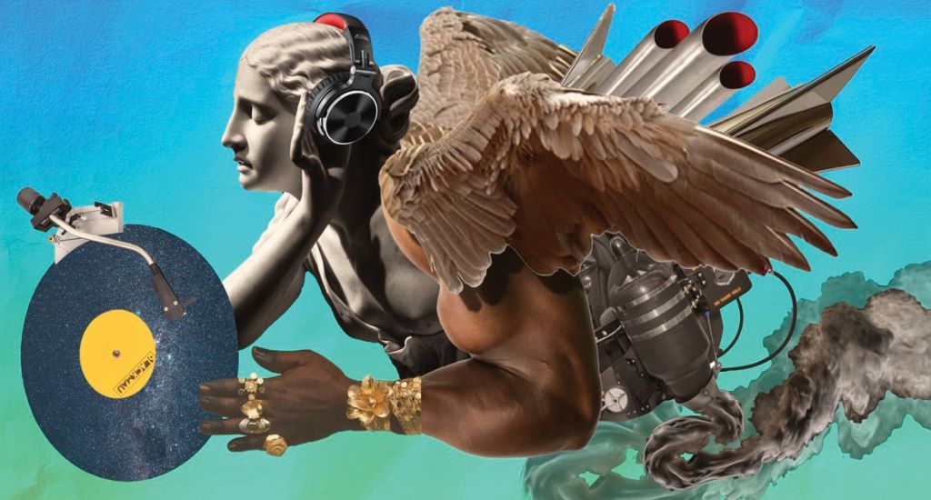 An image of a being with the head of a classical statue wearing headphones, a muscular Black arm with gold jewelry, wings, and an engine. The being is holding a record.