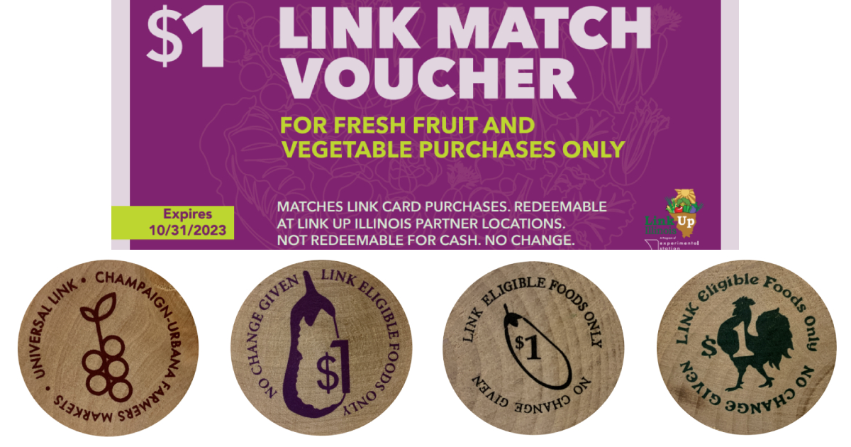 Graphic of LINK Match vouchers from the Champaign and Urbana farmers markets on top and LINK market tokens on the bottom. The voucher is purple with white lettering. The tokens are wooden and have different fruits or vegetables on them.