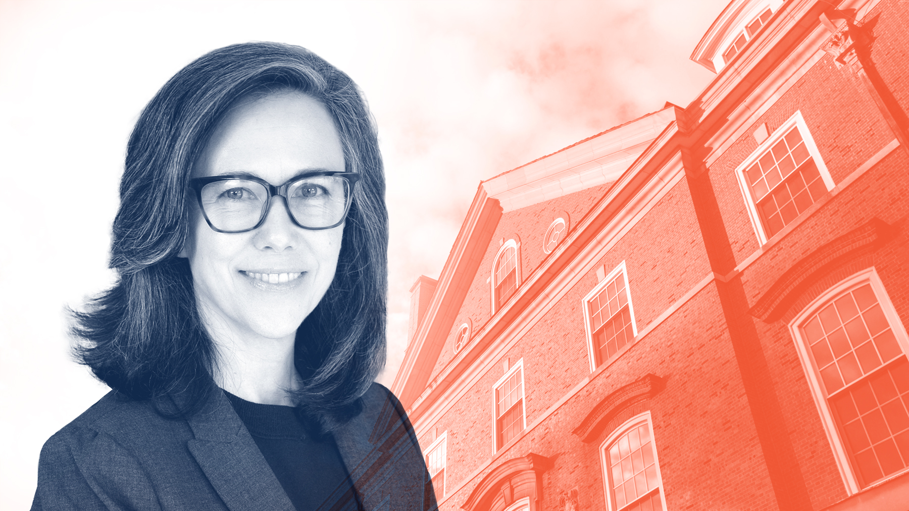 A photo of a white woman with shoulder length brown hair and glasses. The photo is altered to make her a blueish hue, with a library building in an orange hue in the background.