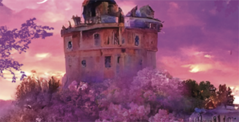 Cropped image from Garg's new book In the Heart of the Linden Wood featuring a purple-pink sky, lavender trees and and an orange castle. 