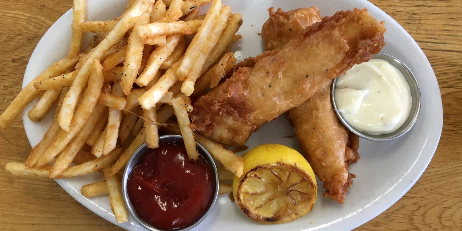 An overhead photo of fish and chips. Photo by Sarah Meilike.