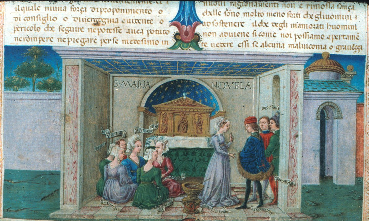 Artwork from an old manuscript of a group of people in 15th century clothing, gathered in a small room.