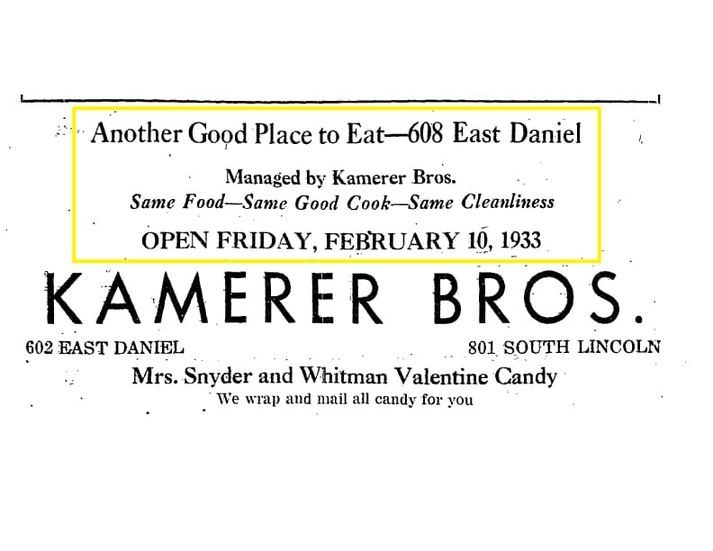 A old advertisement for Kamerer Bros. It is black typeface with a portion of the text surrounded by a yellow rectangle.