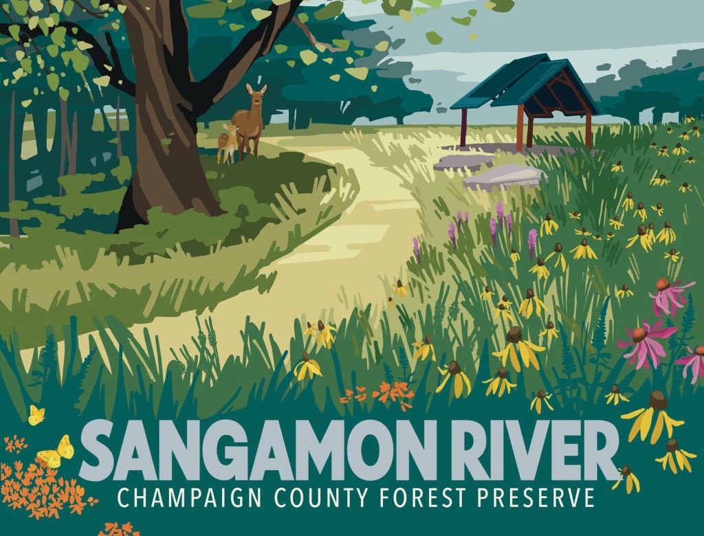 Artwork that depicts a trail that runs alongside a field of grasses and wildflowers, with trees on the other side. There is a pavilion in the background. At the bottom it says in light blue block letters Sangamon River Champaign County Forest Preserves.