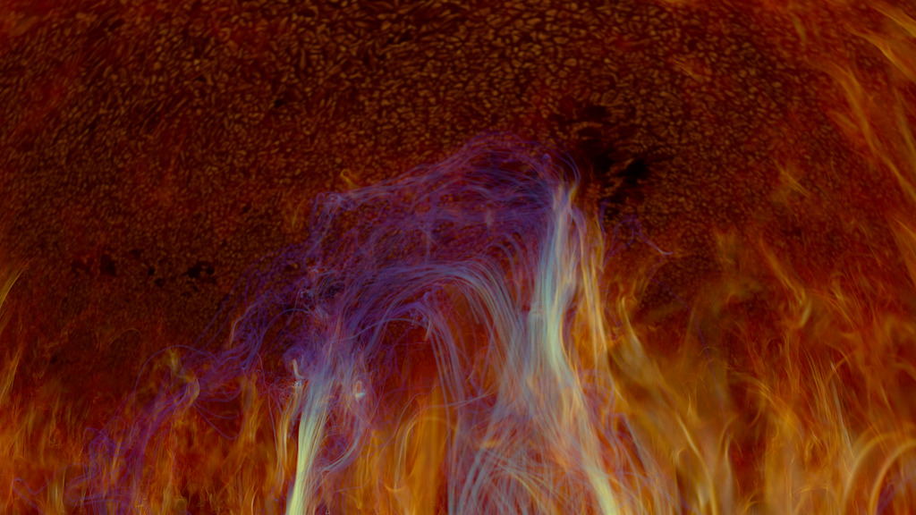 Close up of a solar superstorm with orange, yellow, and blue flames