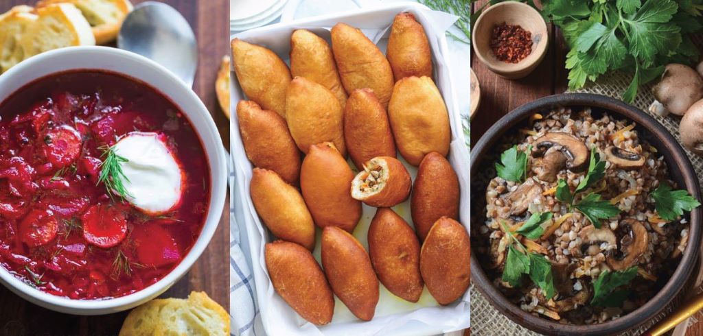 Three images side by side. The first is a red colored soup in a white bowl, the second is a basket of small pastries, and the third is a black bowl filled with grains and mushrooms.