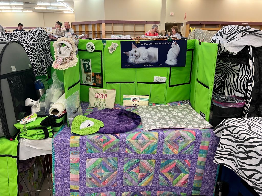 A table covered in a patterened quilt, with a lime green display board and other items. The board has photos of fluffy white cat against a black background.
