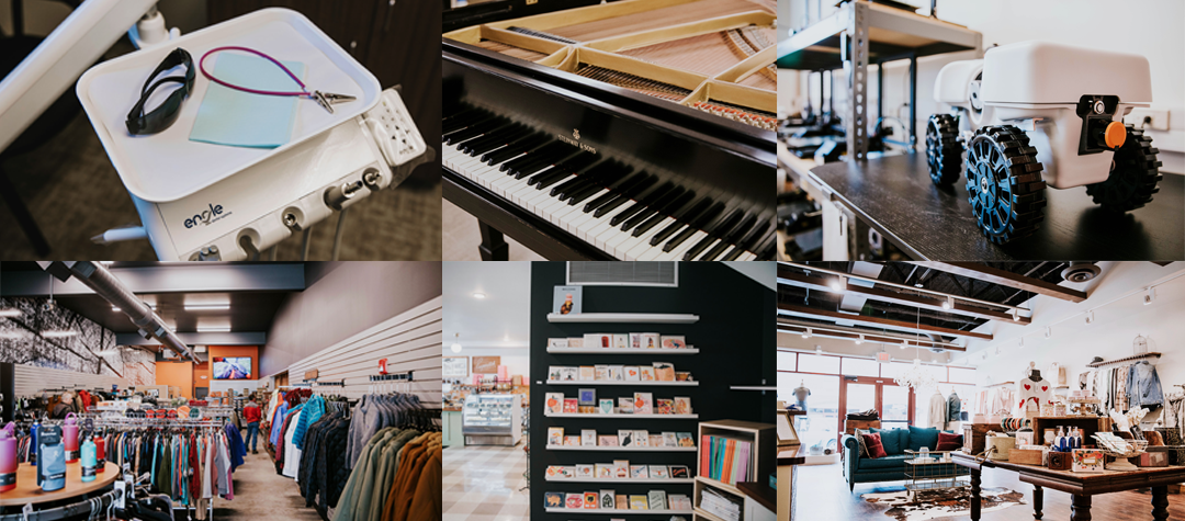 A grid of photos featuring different images: A small white machine, a piano, a small white model vehicle on a shelf, a retail space with clothing racks, a wall with shelves of greeting cards, and a retail space with clothing and home goods