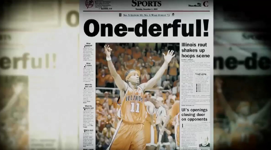 A screenshot from a video that centers an image of a newspaper page. The page shows Dee Brown in an orange Illinois uniform raising his hands into the air.