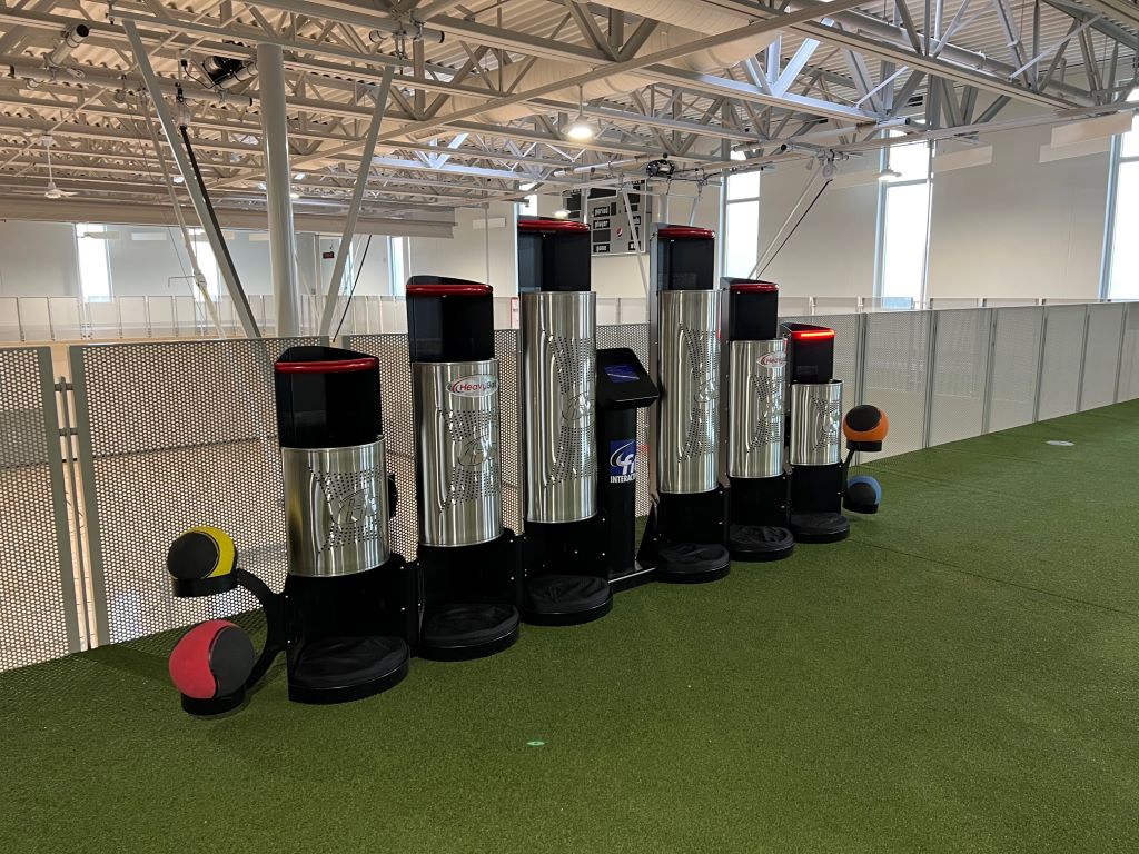 A row of metal cylinders with weighted balls on either side. It sits on a floor of green turf. 