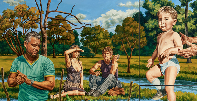 Painting of grassy meadow beside a creek with a trees and a blue, cloud-filled sky in the background. In the foreground are four people, l-r, a graying wearing a mint green t-shirt, a young woman in box braids wearing a slip dress, a young male featiure with curly brown ahirs, wearing a sleeveless t and baggy pants, and a baby in diapoers and sneakers behind held by the elbow by a pair of wrinkled hands.