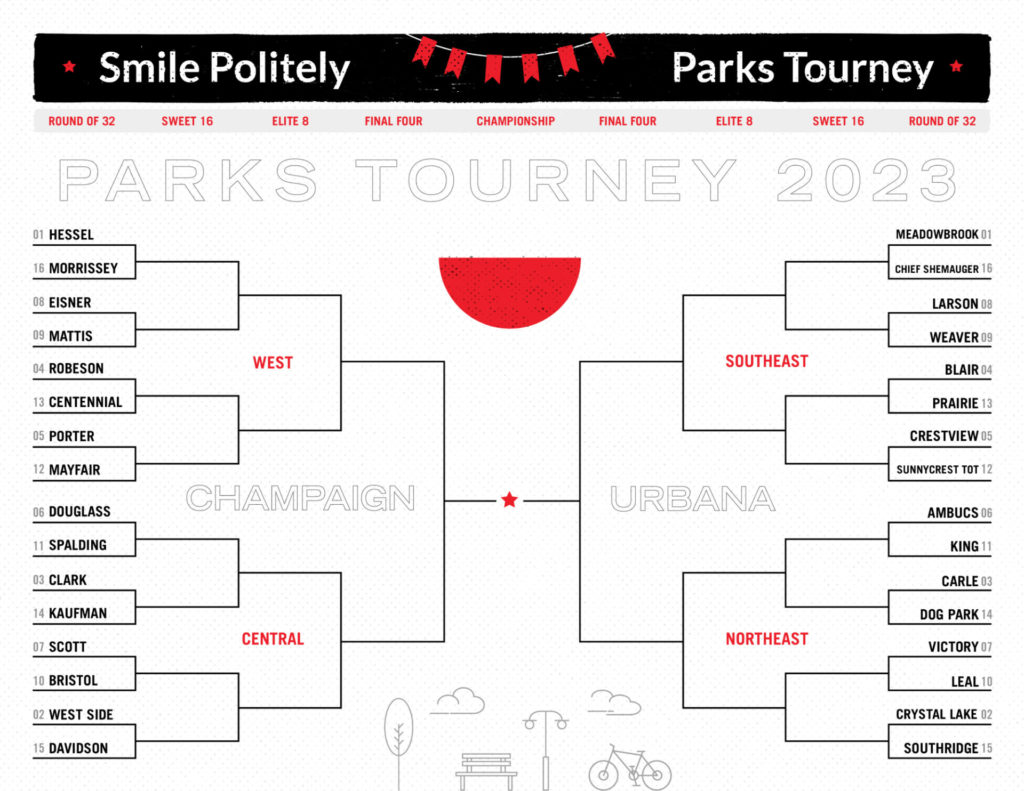 Smile Politely's Parks Tourney 2023. Round of 32 bracket. Sixteen parks in Champaign are listed on the left, and sixteen parks in Urbana on the right. 