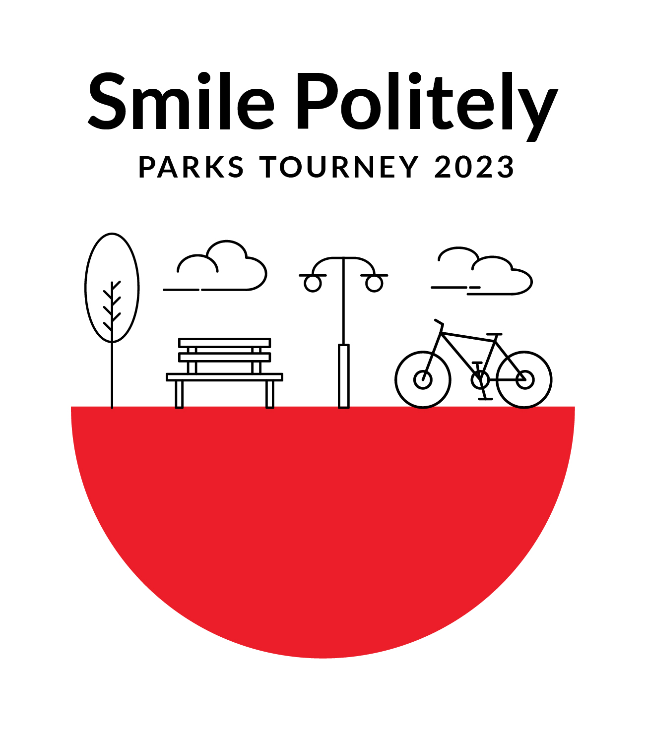 Graphic "Smile Politely Parks Tourney 2023" in black text on white background. Black line drawings of trees, benches, lamppost, and bicycle sit atop a red semicircle.