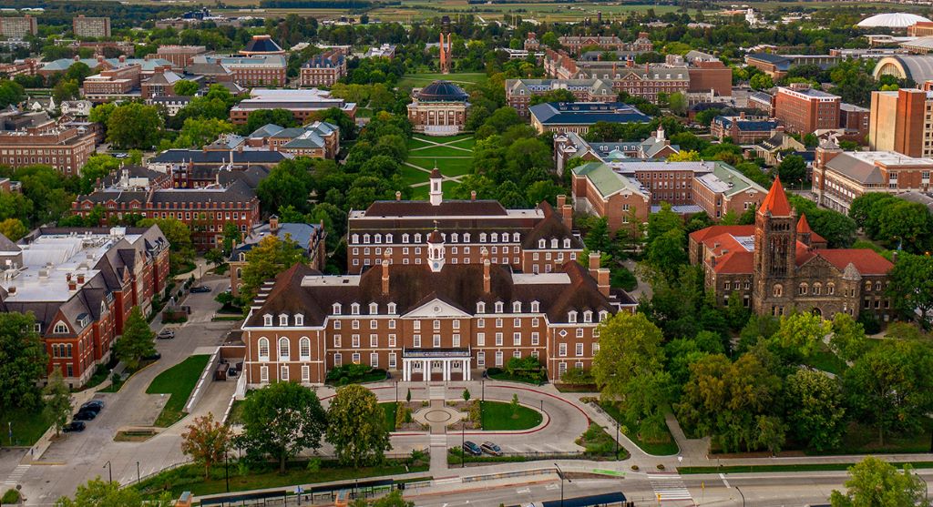 An aerial view of the U of I Campus, with the main quad and Illini Union in the center.