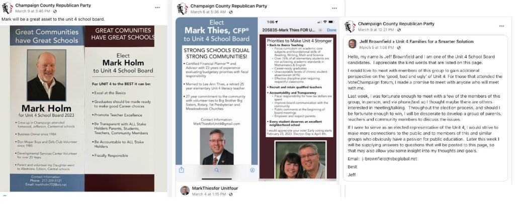 Graphic with three screenshots from Champaign County Republican Party on Facebook's posts promoting Mark Holm, Mark Thies, and Jeff Brownfield for Champaign Unit 4 school board. 