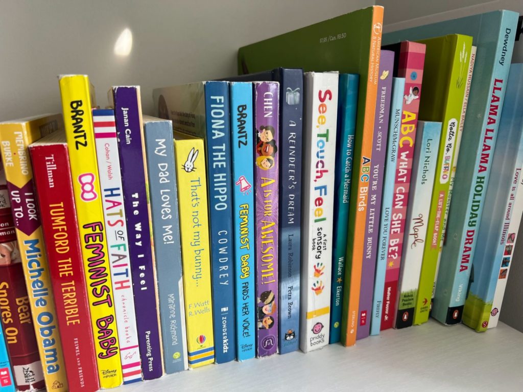 A shelf of children's board books