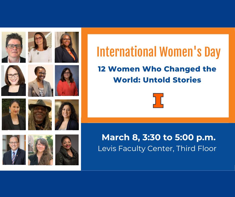 Graphic with a blue background and white box with an orange order that says "International Women's Day, 12 Women Who Changed the Word" Next to it is a photo grid of 12 headshots. 