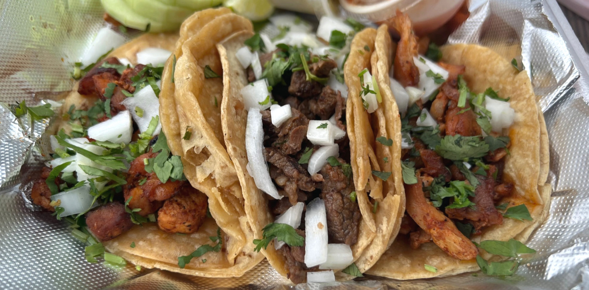 A cropped photo of three tacos from Guerrero Azteca. Photo by Alyssa Buckley.