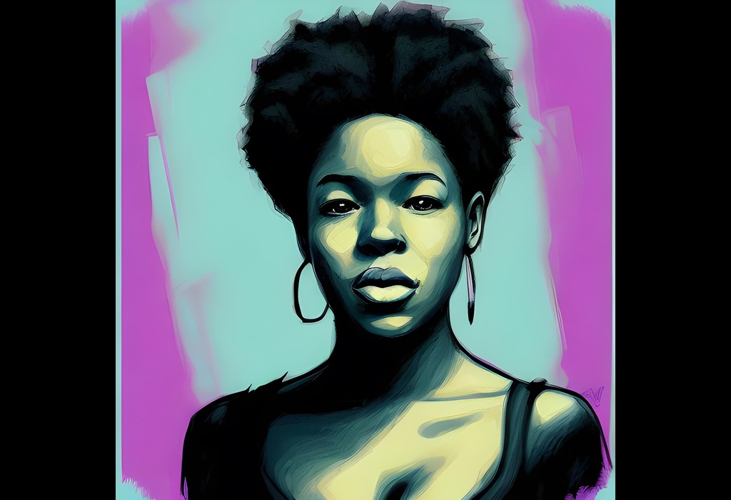An illustrated picture of a woman staring directly at the camera. The background is a painted blue and purple border. Shaya has big hoop earrings and coily hair on top of her head. She wears a black tank top.
