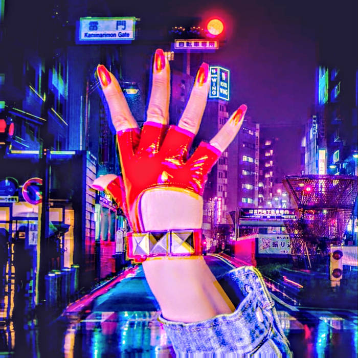 An image of a woman's hand with red patent leather fingerless glove on, and big rivets on the wrist. A futuristic looking city at night is in the background.