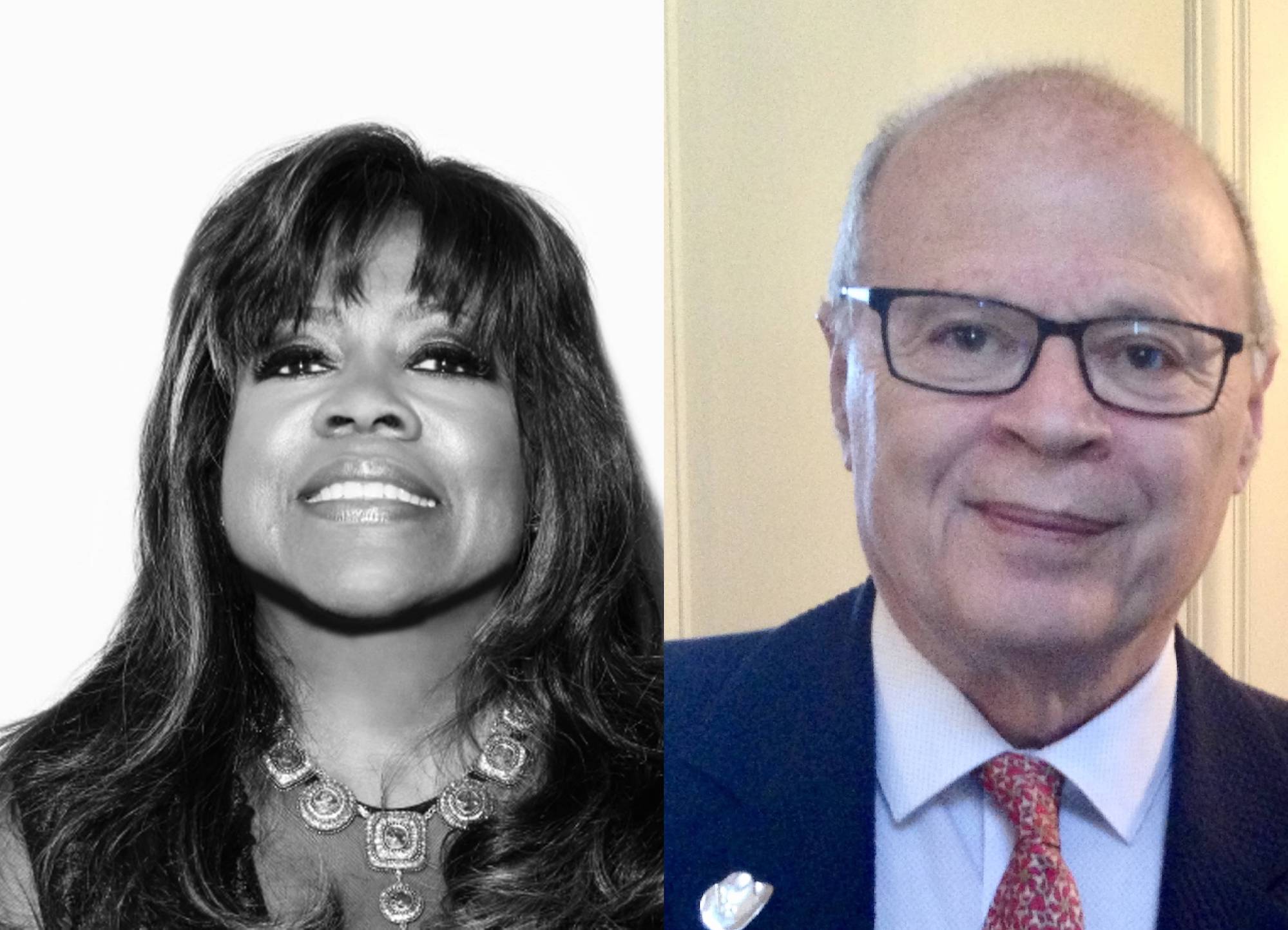 Two side by side headshots of Chaz Ebert, a Black woman with long hair and bangs who is smiling, and Nate Kohn, a white man in a suit wearing glasses.