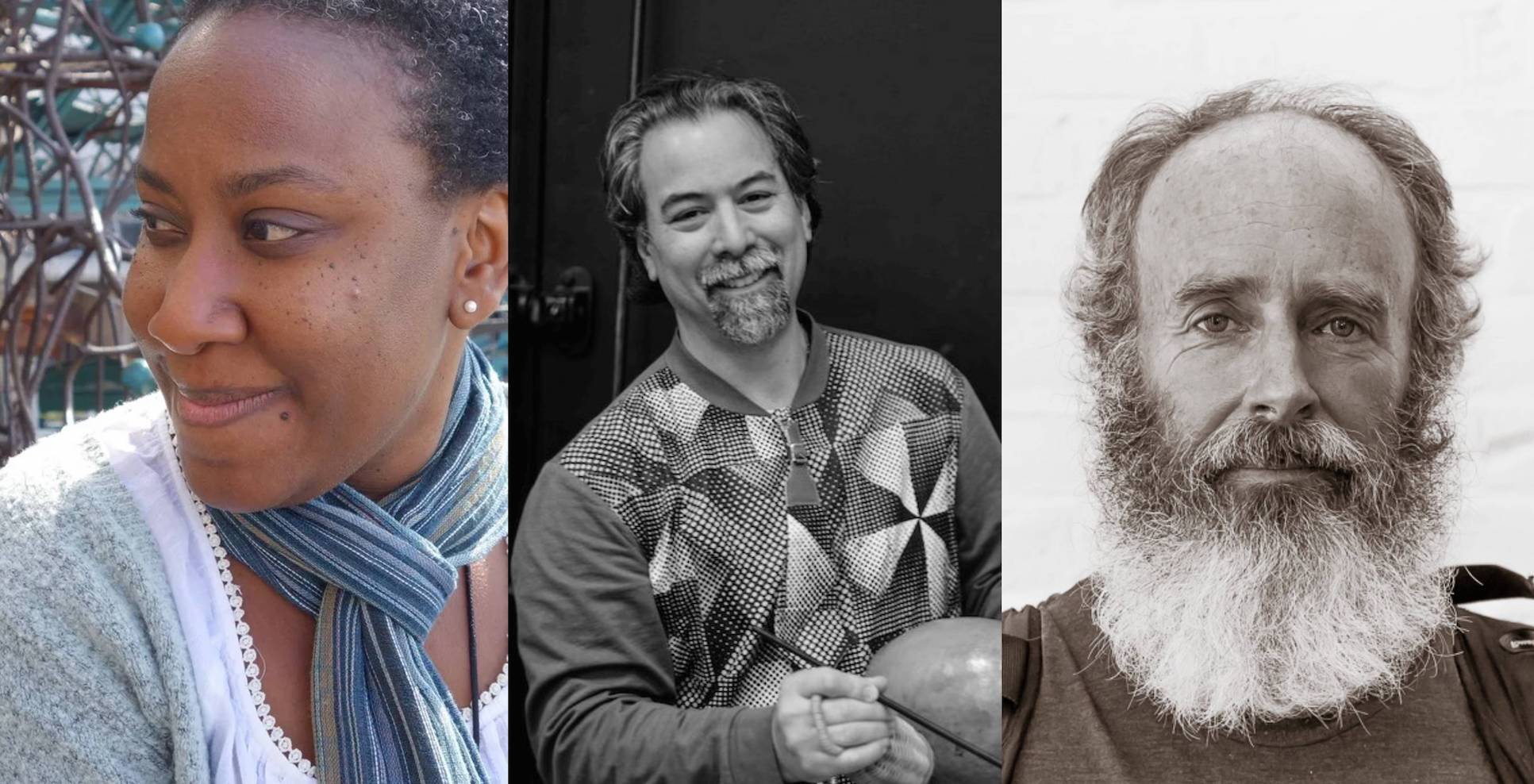 Individual photos of Latrelle Bright, a black woman wearing a grey top and a scarf looking to the left; Jason Finkelman, a man looking at the camera, with short hair and facial hair; and Deke Weaver, a man with a long white beard staring straight at the camera
