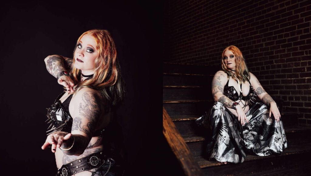 Side by side photos of Amanda Garion, a white tattooed female dancer with orange and green hair. In the left photo she is looking back at the camera over her shoulder. In the right photo she is sitting on a staircase with her legs spread and her elbows resting on her thighs. 