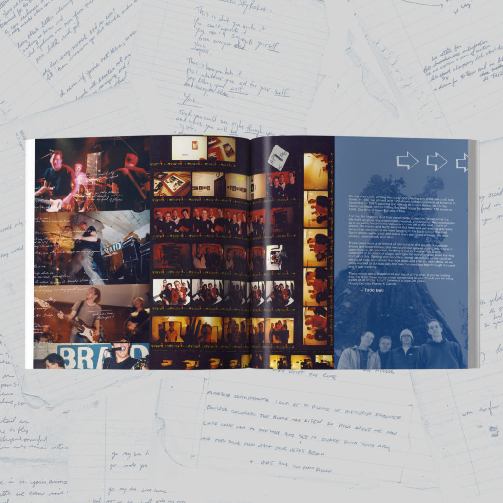 Liner notes from Braid's reissued album, Frame & Canvas. The booklet is open and sits on a white background with handwritten notes.