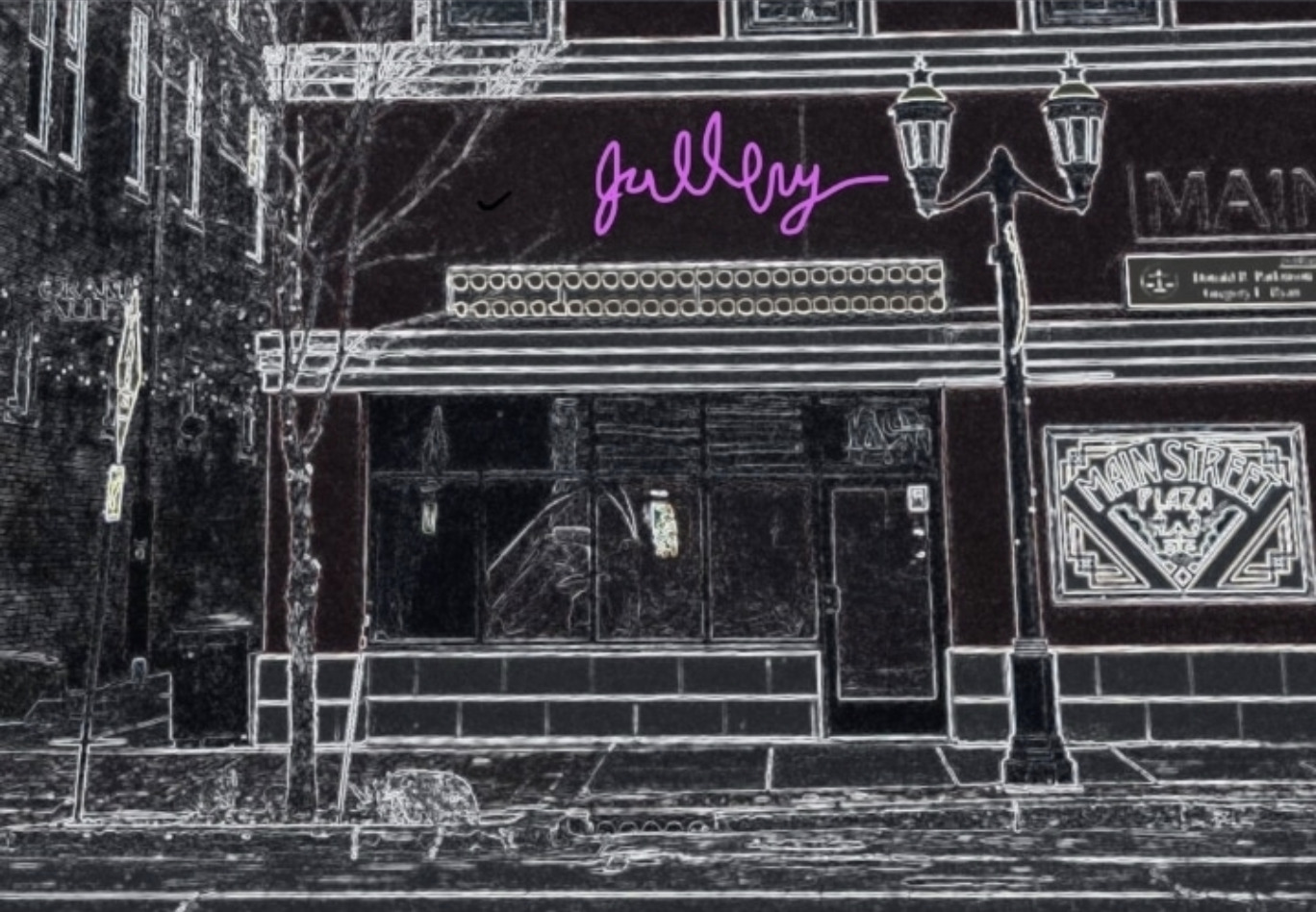 A black and white rendering of the exterior of 119 W Main St, Urbana, with a hot pink "gallery" sign in script above the door.