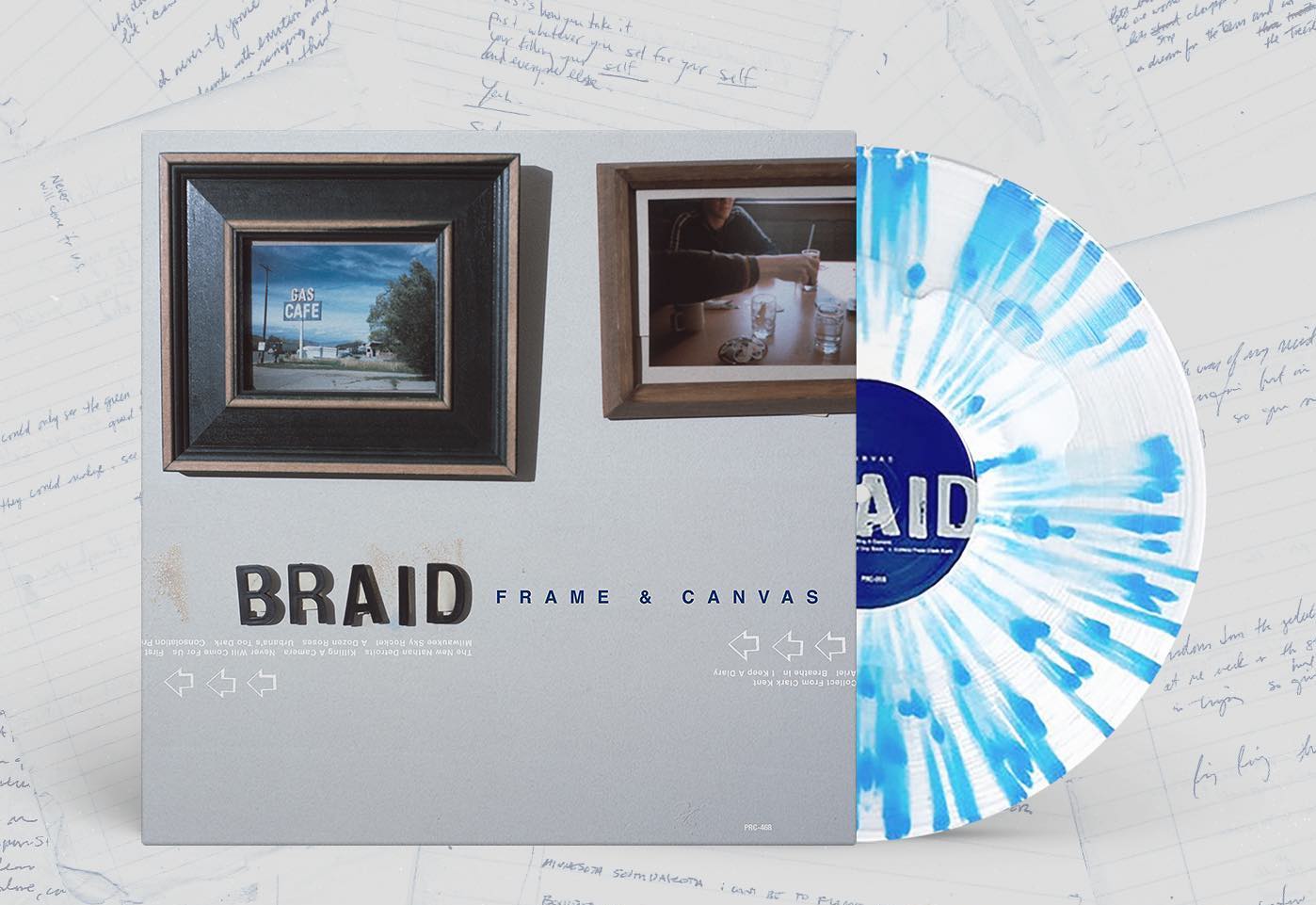 Braid's reissued album, Frame & Canvas. The booklet is open and sits on a white background with handwritten notes.