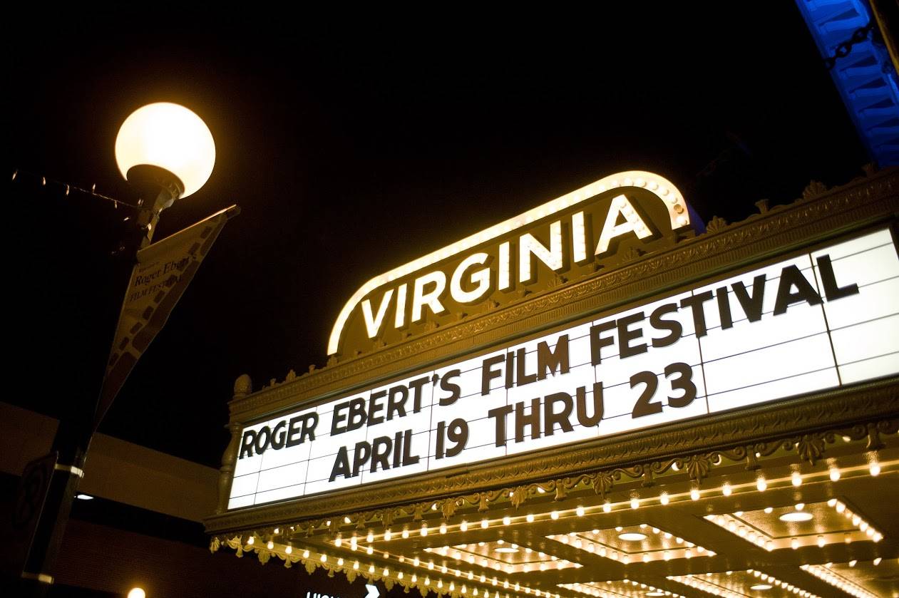 The marquee at the Virginia Theatre reads "Roger Ebert's Film Festival April 19 thru 23"