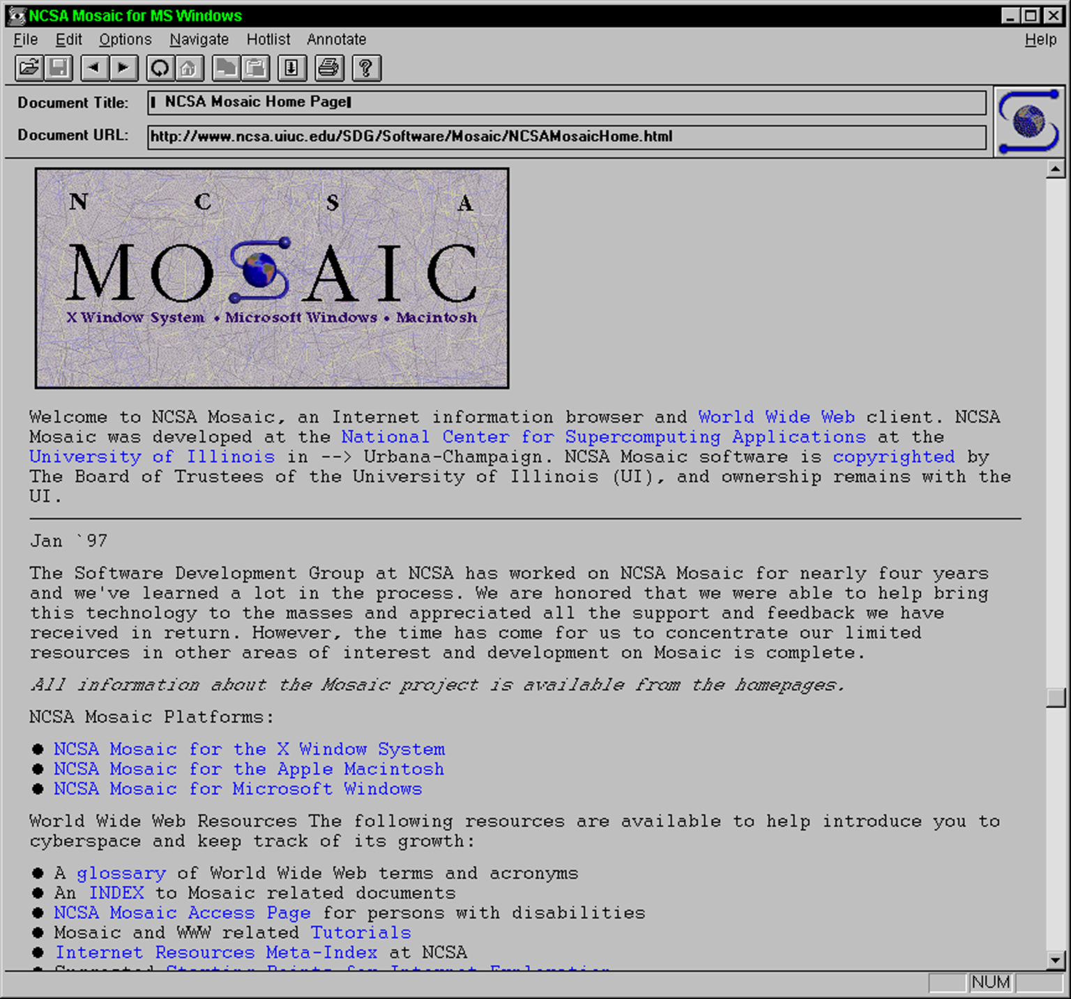 A screenshot of an old web browser home page. It has several links of black text with blue-linked words scattered throughout. It has the word Mosaic at the top.